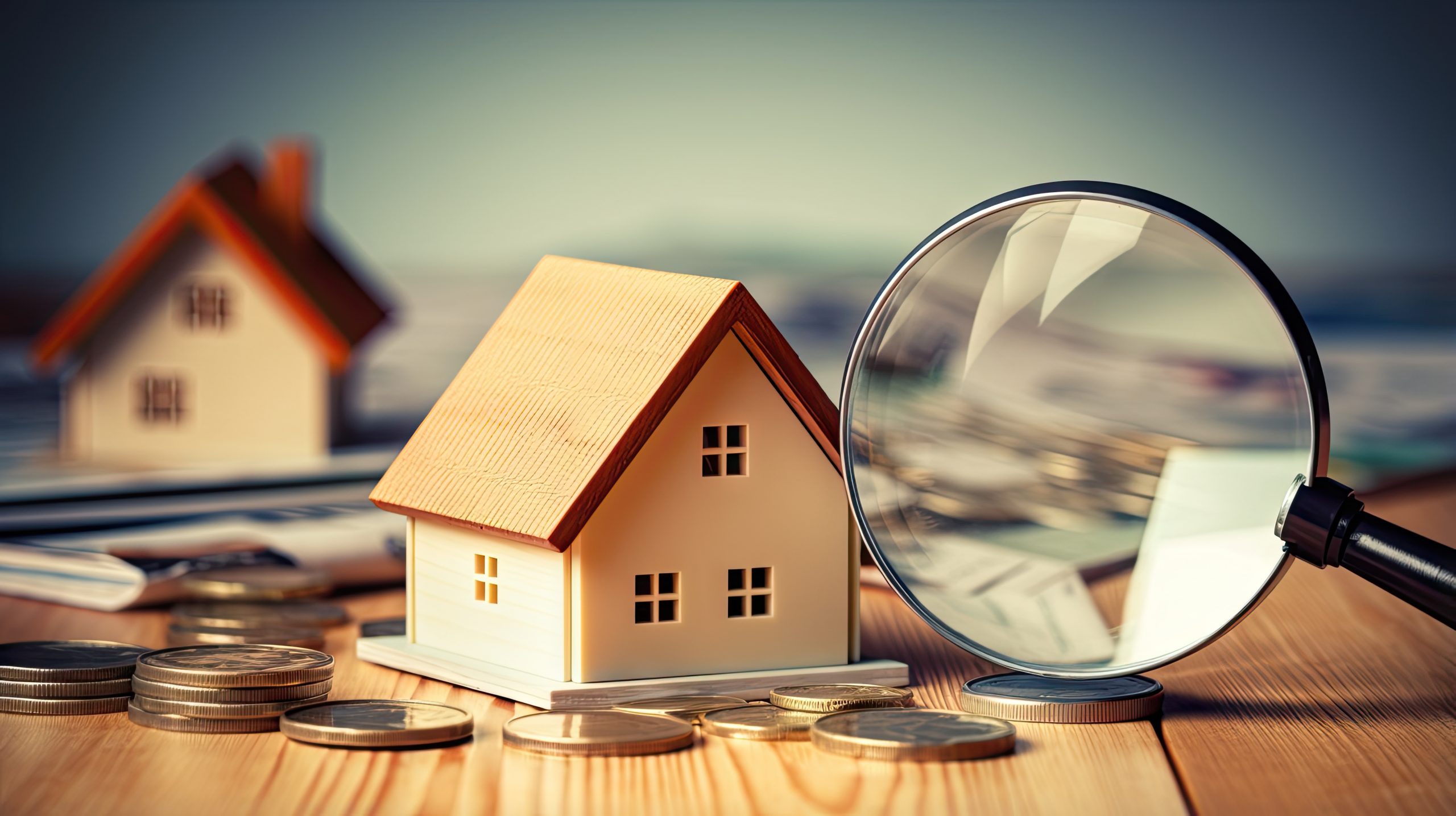 Searching for affordable housing and making investments in real estate including renting apartments or taking out mortgages and loans using euro banknotes and a magnifying glass near a wooden h