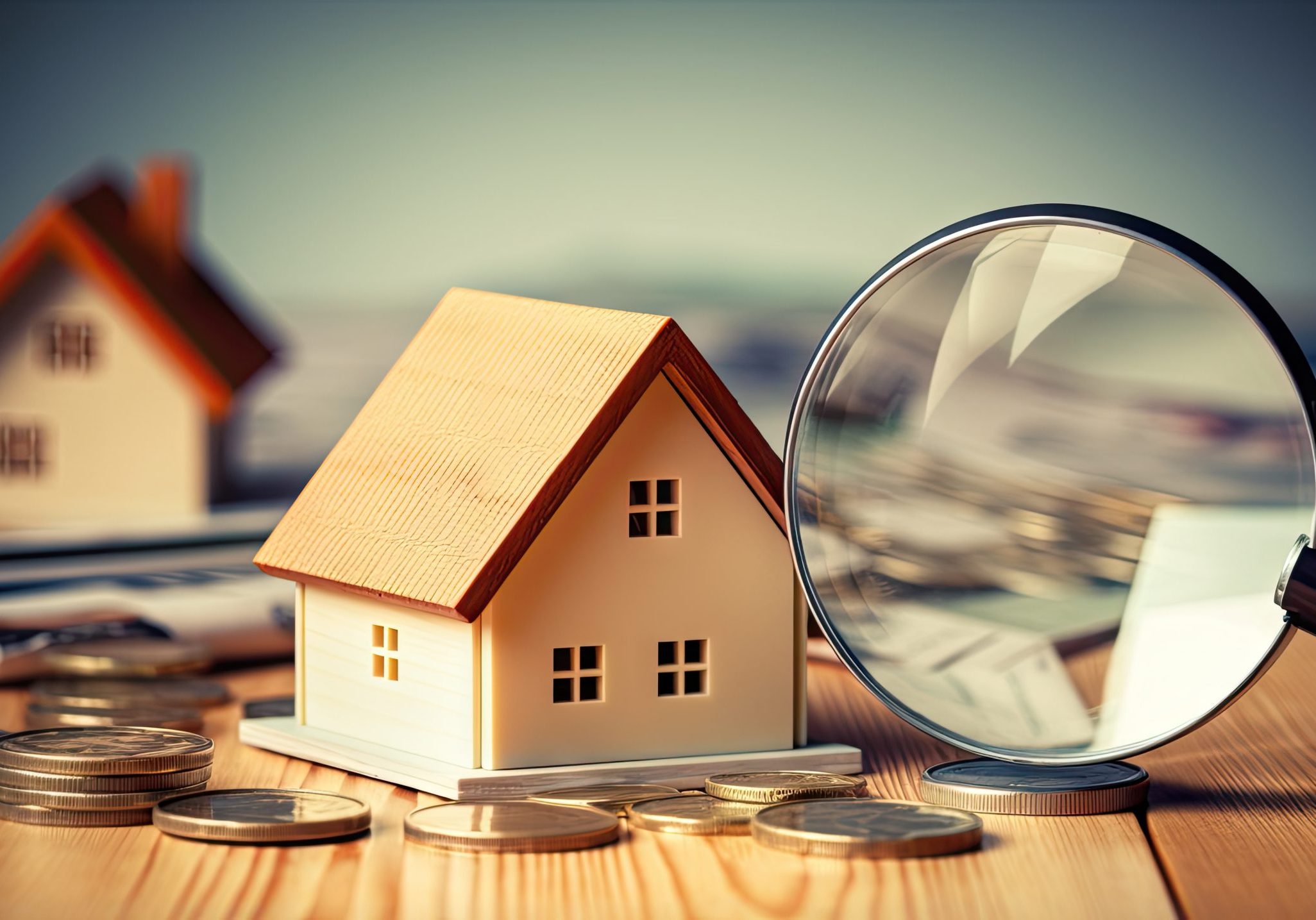 Searching for affordable housing and making investments in real estate including renting apartments or taking out mortgages and loans using euro banknotes and a magnifying glass near a wooden h