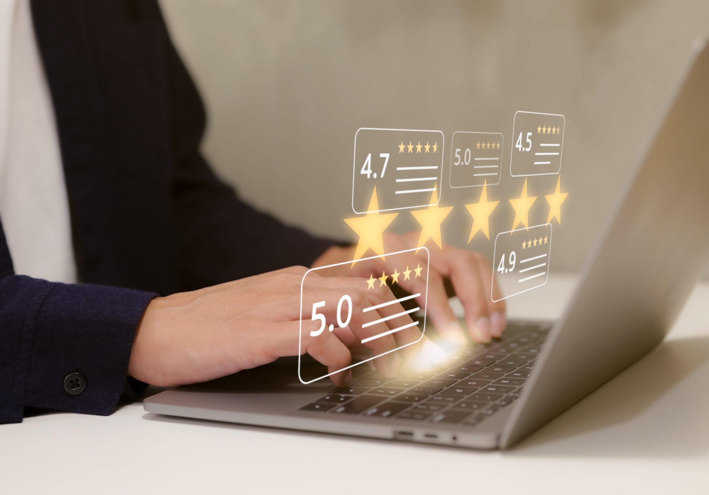 User give five star rating to service experience on computer app. Customers opinion evaluate the quality of services to reputation and business success. Customer review satisfaction survey concept.